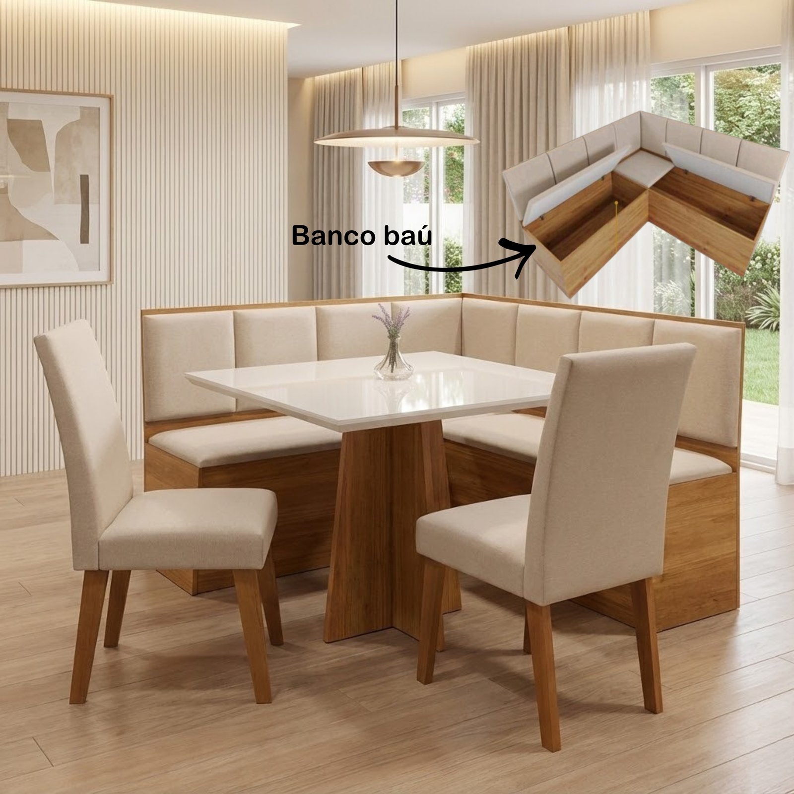 Conjunto Canto Alemao Bau + Mesa Mon/Soberano Mel/Blonde + 2 Cadeiras Milao Mel/Linho Bronze - VIERO MOVEIS - Imagem 2