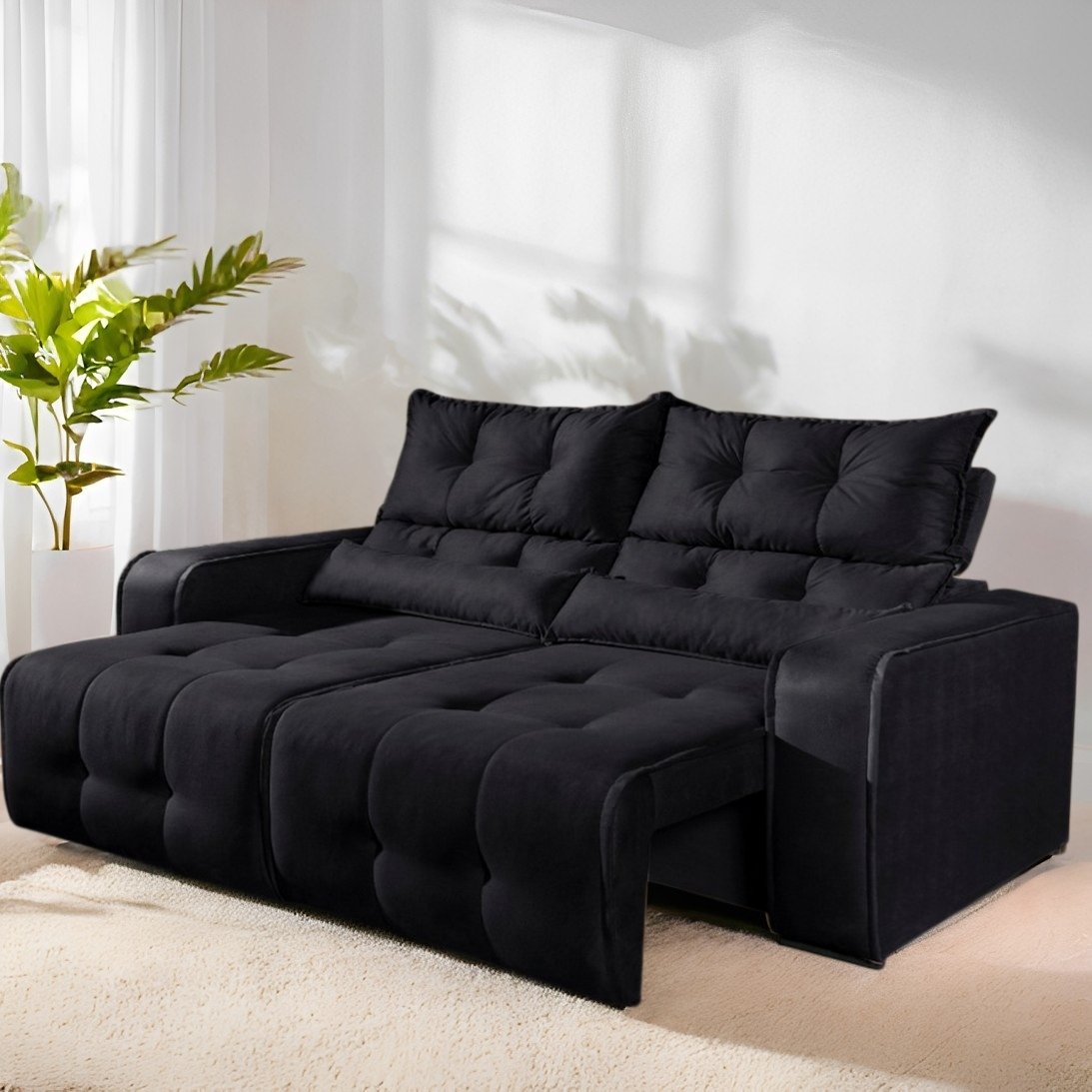 Sofá Retrátil e Reclinável Premier 2,00 m Veludo Preto 509 - DECORAR ESTOFADOS