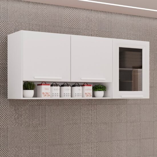 Armário Aéreo 3 Portas Vidro Fumê New Valência Branco - SallÊto