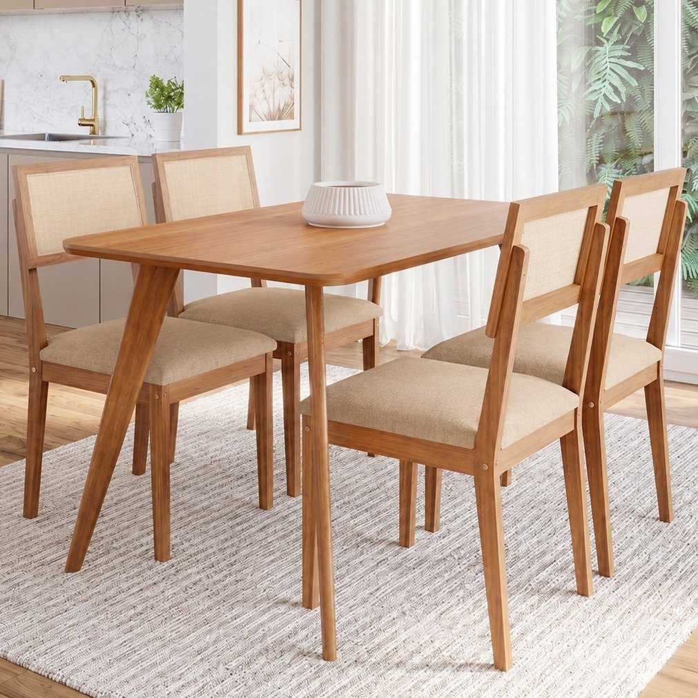 Mesa Acerola 130 (S/Vidro) Madeira/Off White com 4 Cadeiras Encanto Linho Bege – CIMOL