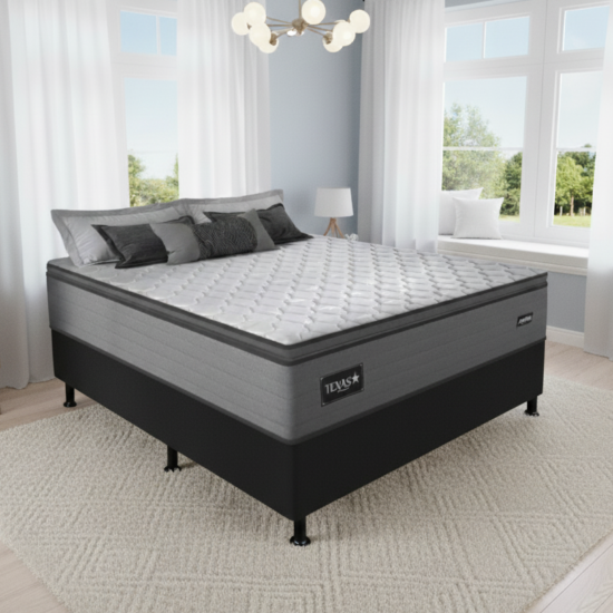 Colchão Casal Texas 29 cm D28 Molas Ensacadas + Base Simples Corino Preto – GAZIN + BIOSTAR