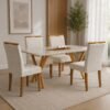 Mesa Essência 120 (C/Vidro) Cinamomo/Off White com 4 Cadeiras Las Vegas Veludo Bege 01 – JCM MOVELARIA + OURO DECOR