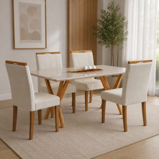 Mesa Essência 120 (C/Vidro) Cinamomo/Off White com 4 Cadeiras Las Vegas Veludo Bege 01 – JCM MOVELARIA + OURO DECOR