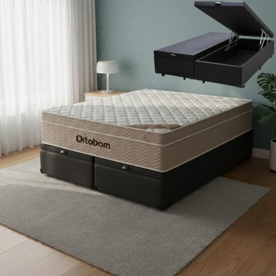 Colchão Queen Airtech Springpocket 25 cm D26 Molas Ensacadas + Base Baú Corino Preto – ORTOBOM + ALTO NÍVEL