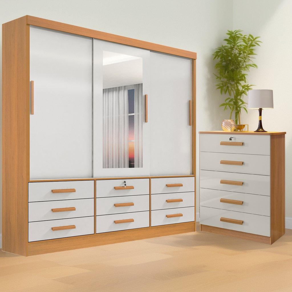 Guarda-Roupa 3 Portas Meridian + Cômoda Ipanema Cinamomo/Off White – D’DORO MÓVEIS