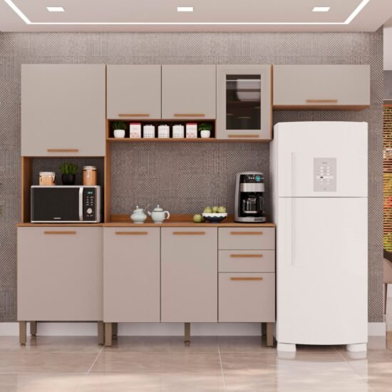 Cozinha Completa New Valência (Vidro fumê) Cinamomo/Off White - SALLÊTO