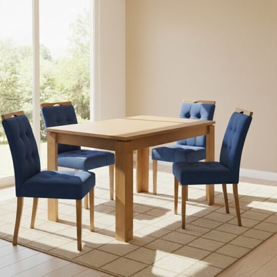 Mesa Athenas 120 Amêndoa Clean com 4 Cadeiras Sophia Veludo Azul – LOPAS + WM DECOR
