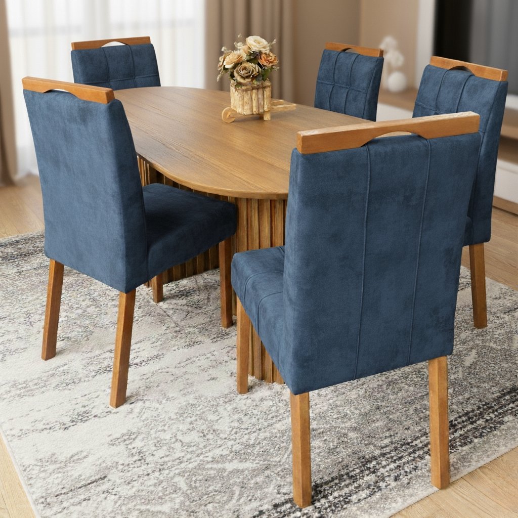 Mesa Isis 180 Freijó com 6 Cadeiras Sophia Veludo Azul – LEIFER + WM DECOR