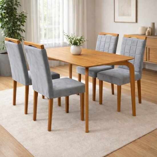 Mesa Capri 120 (S/Vidro) Laminado Natural com 4 Cadeiras Las Vegas Veludo Cinza Grafite 10 – MÓVEIS VALVERDE + OURO DECO