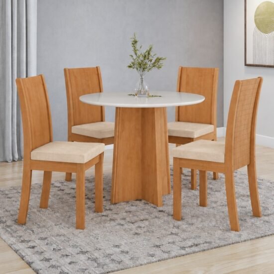 Mesa Redonda Celebrare 100 Amêndoa Clean/Off White com 4 Cadeiras Athenas Linho Bege – LOPAS
