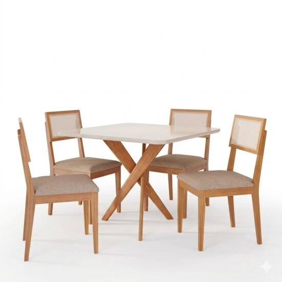 Alternative view of Mesa Cacau 95 (C/Vidro) Madeira/Off White com 4 Cadeiras Encanto Linho Bege – CIMOL