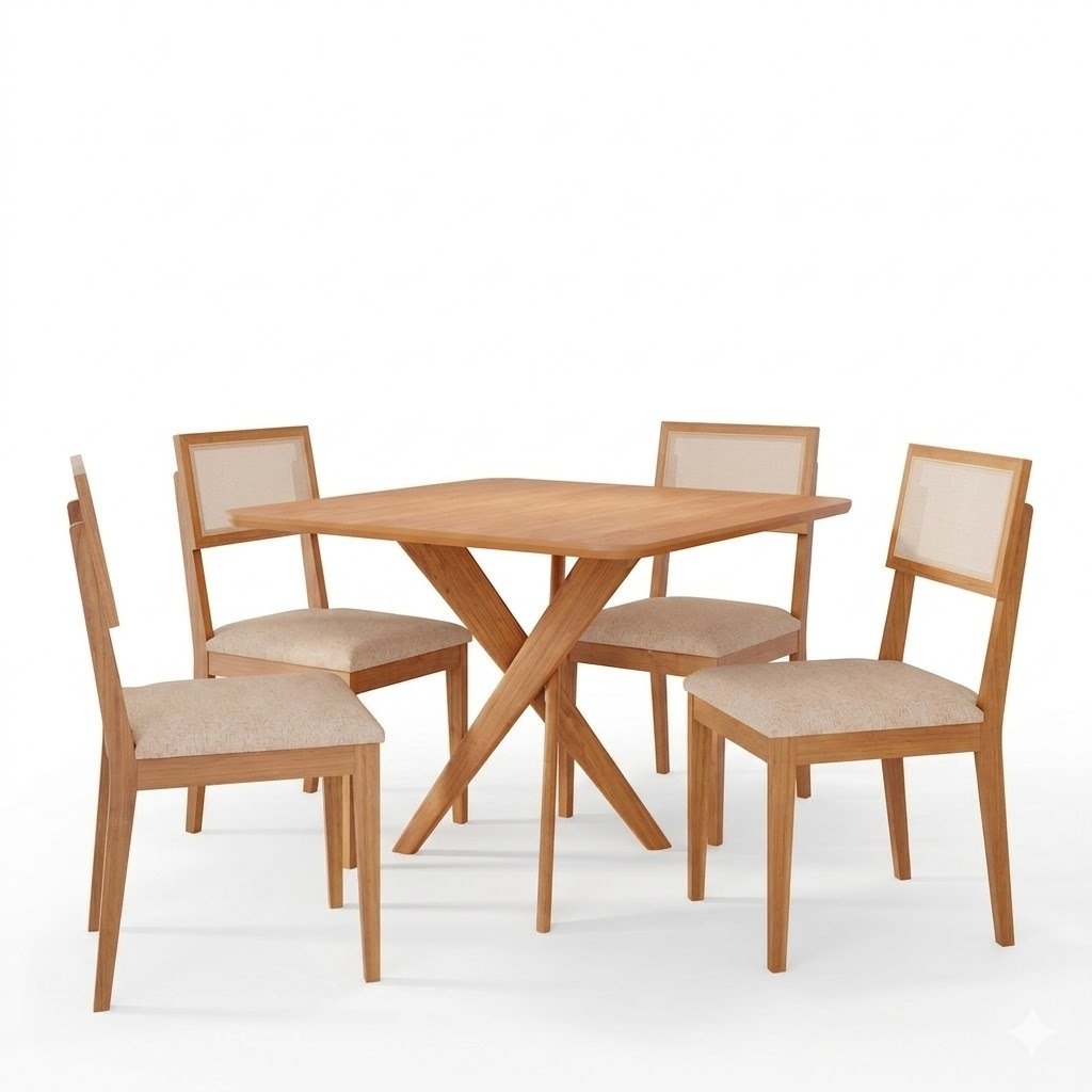Mesa Cacau 95 (S/Vidro) Madeira/Off White com 4 Cadeiras Encanto Linho Bege – CIMOL - Imagem 2