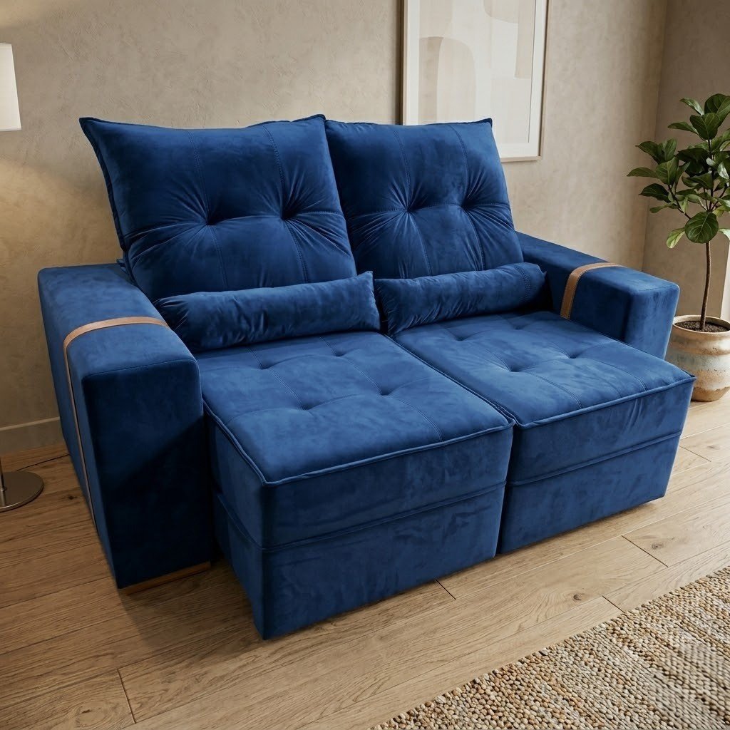 Sofá Retrátil e Reclinável Júnior 1,80 m Veludo Azul 07 - IMPERIAL DECOR