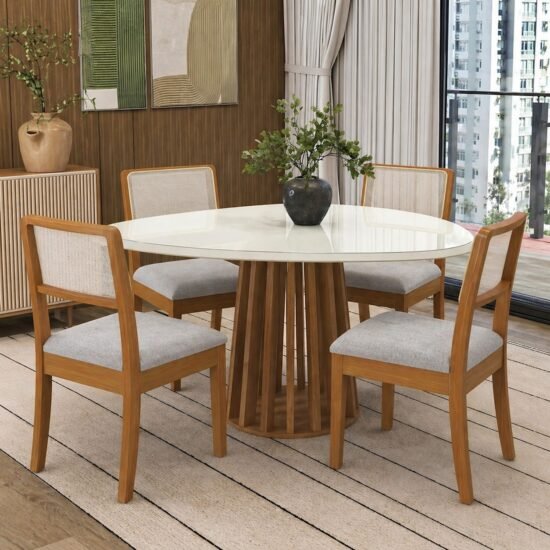 Mesa Lavanda BA45 135 Canela/Off White com 4 Cadeiras Lola 2CMM004CA Linho Gelo A077A – KAPPESBERG