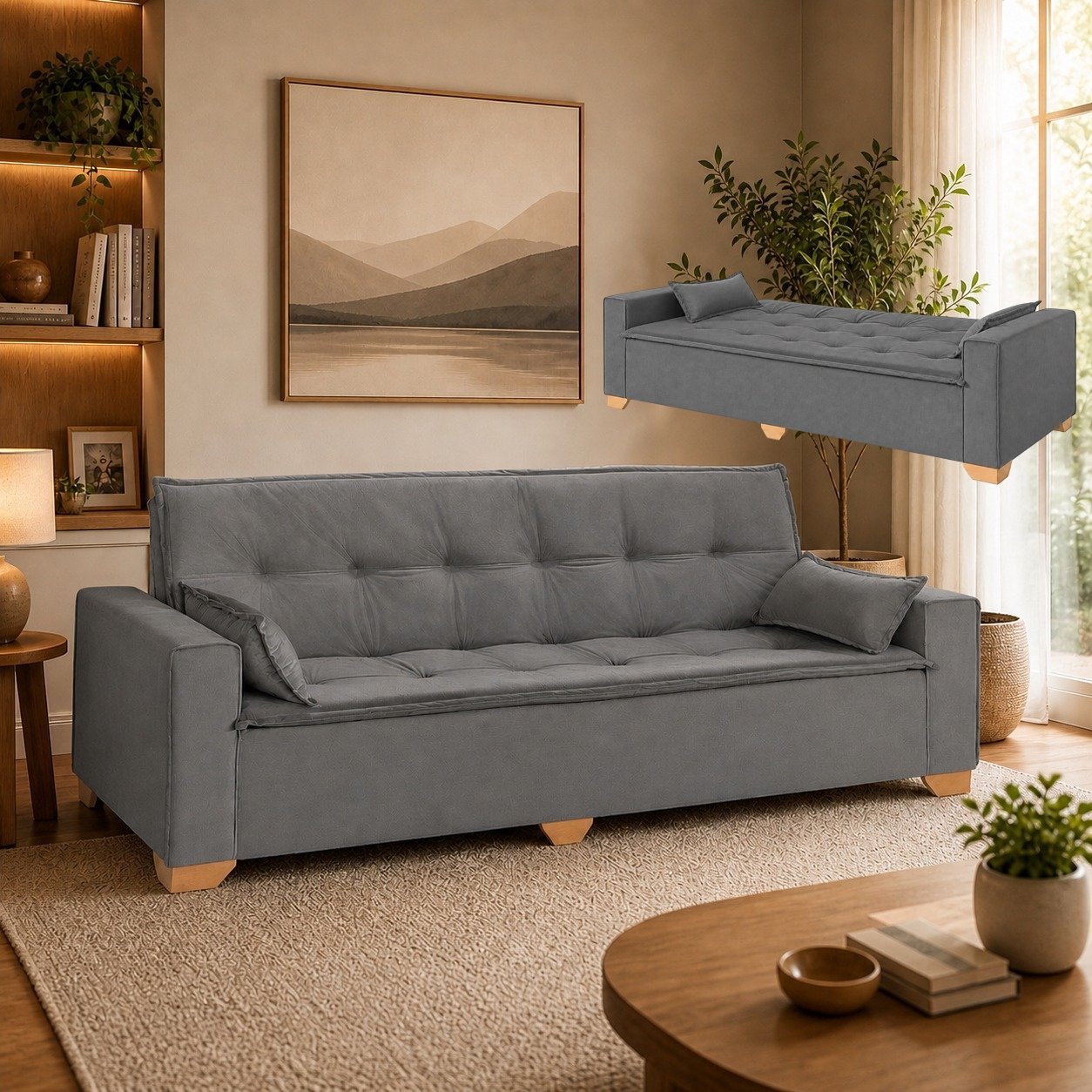 Sofá Cama Canadá 2,18 m Veludo Cinza 195 - TOP ESTOFADOS