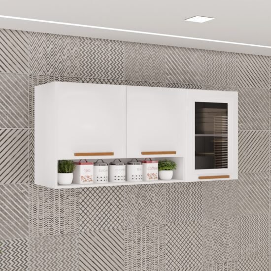 Armário Aéreo 3 portas Vidro Fumê New Valência Branco/Cinamomo - SALLÊTO