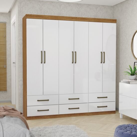 Guarda-Roupa 6 Portas(Sem Espelho/Sem Pés)Dallas 1,53 m Cinamomo/Branco - CARIOCA MÓVEIS