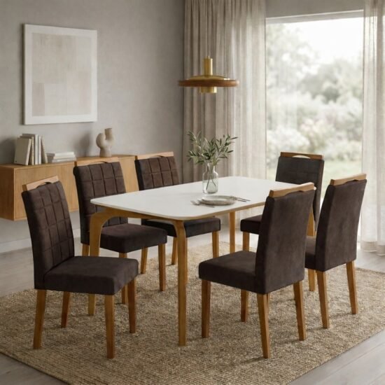Mesa Capri 160 (C/Vidro) Cinamomo/Off White com 4 Cadeiras Las Vegas Veludo Marrom 17 – MÓVEIS VALVERDE + OURO DECOR