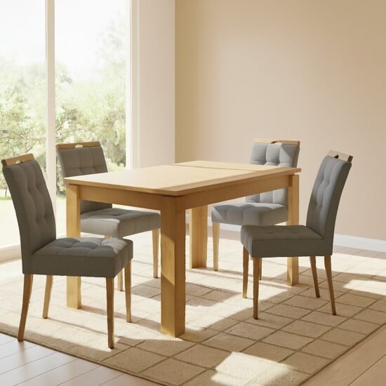 Mesa Athenas 120 Amêndoa Clean com 4 Cadeiras Sophia Veludo Cinza Grafite – LOPAS + WM DECOR