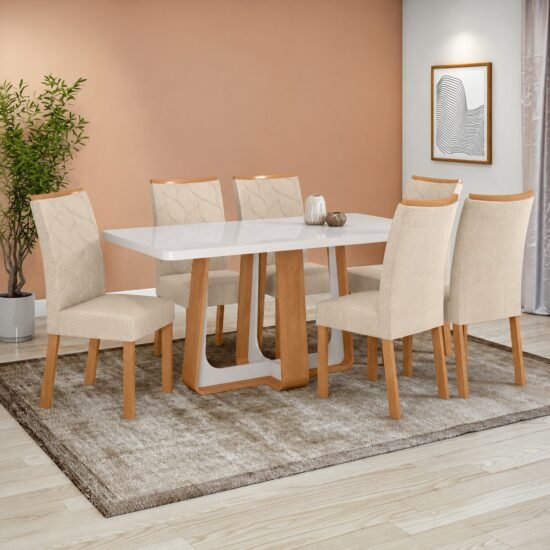 Mesa Sintonia (Tampo Maxi) 170 Amêndoa Clean/Off White com 6 Cadeiras Rayla Linho Bege – LOPAS