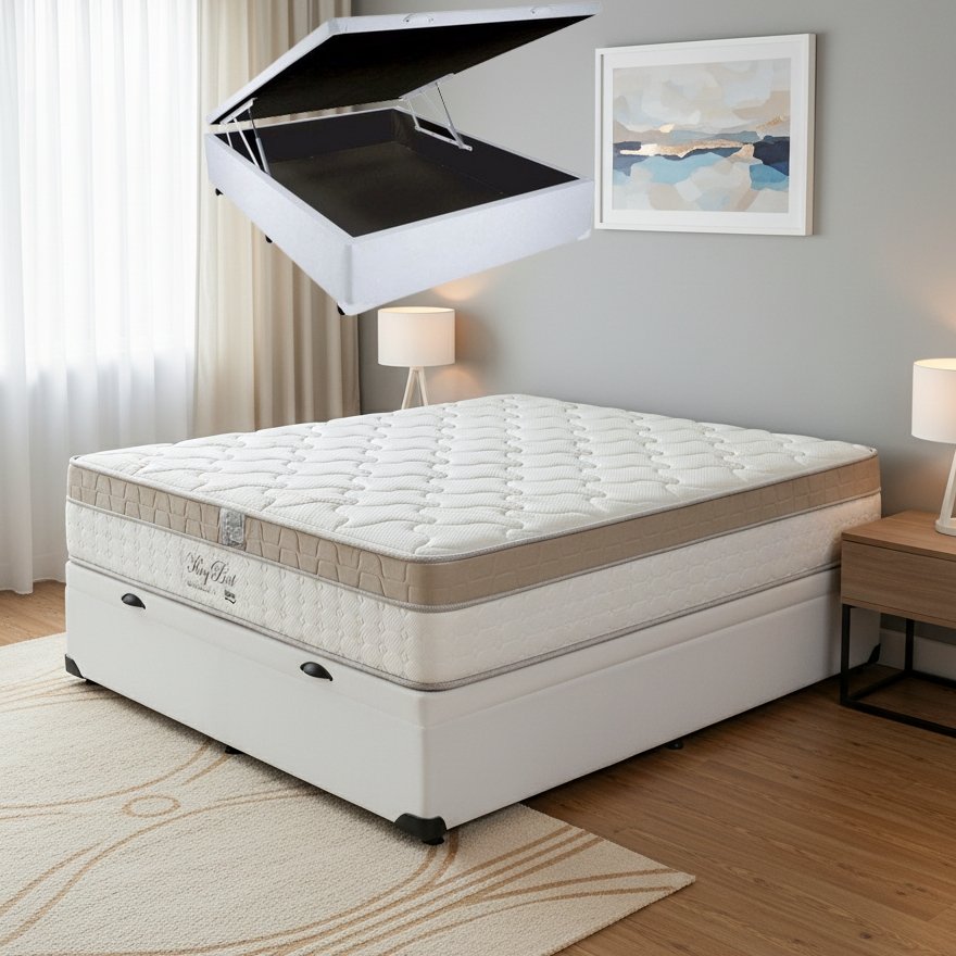 Colchão Casal King Best 28 cm D28 Molas Ensacadas + Base Baú Corino Branco – ANJOS + BIOSTAR