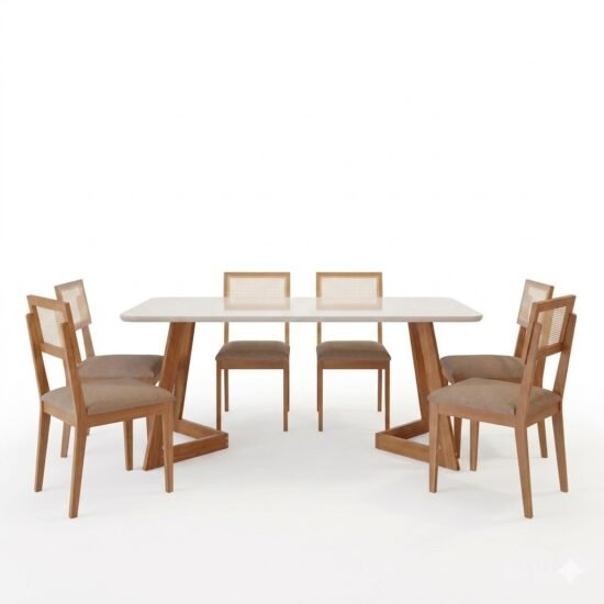 Alternative view of Mesa Caju 180 (C/Vidro) Madeira/Off White com 6 Cadeiras Palmas Linho Bege – CIMOL