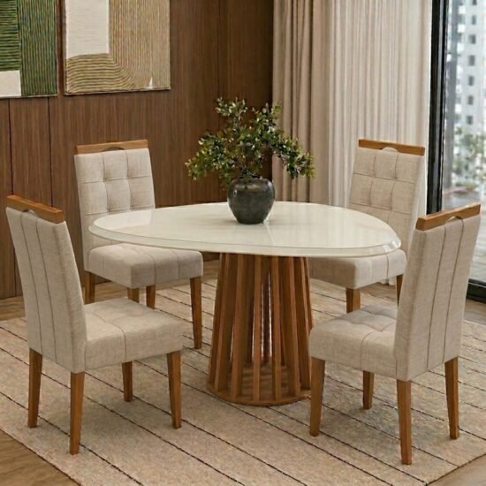 Mesa Lavanda BA45 135 Canela/Off White com 4 Cadeiras Sophia Linho Bege 200 - KAPPESBERG + WM DECOR