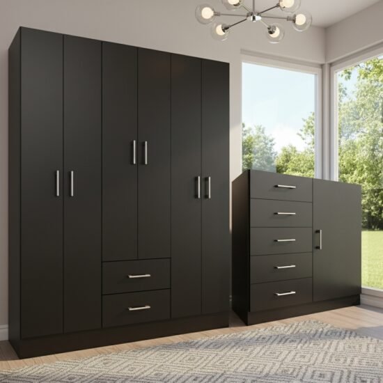 Guarda-Roupa 6 Portas Jamaica 6002 + Cômoda 5 Gavetas Sapateira Miami Preto – FELLICCI