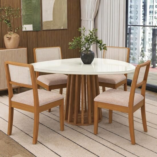 Mesa Lavanda BA45 135 Canela/Off White com 4 Cadeiras Lola 2CMM004CA Linho Areia A085A – KAPPESBERG