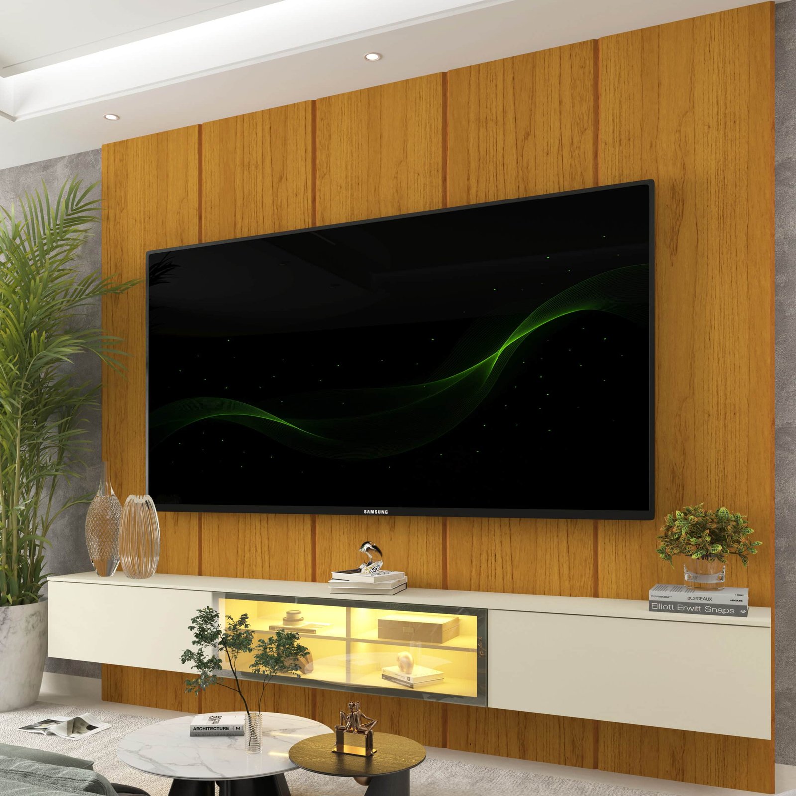 Home Suspenso até 85" Realce 2,225 m Naturale com Nicho Luminare Off White - GELIUS