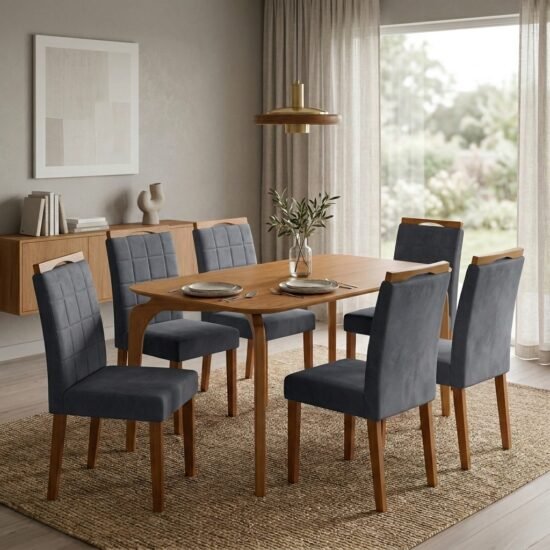 Mesa Capri 160 (S/Vidro) Laminado Natural com 6 Cadeiras Las Vegas Veludo Cinza Grafite 10 – MÓVEIS VALVERDE + OURO DECOR