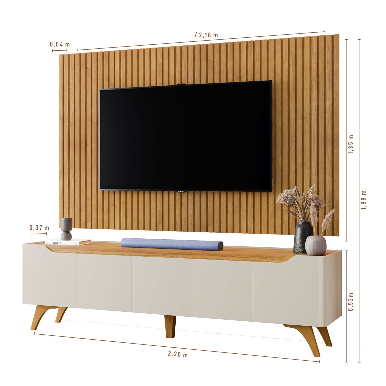 Painel Ripado até 75″ Versátilis 2,17 m Naturale + Rack Atenas Off White/Naturale – MAVAULAR - Imagem 2