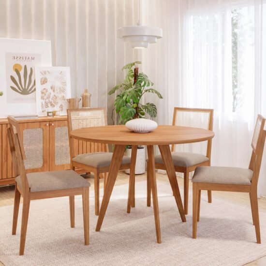 Mesa Redonda Acerola 109 (S/Vidro) Madeira/Off White com 4 Cadeiras Palmas Linho Bege – CIMOL