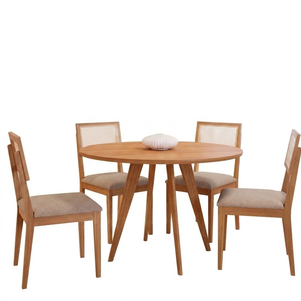 Mesa Redonda Acerola 109 (S/Vidro) Madeira/Off White com 4 Cadeiras Palmas Linho Bege – CIMOL - Imagem 2