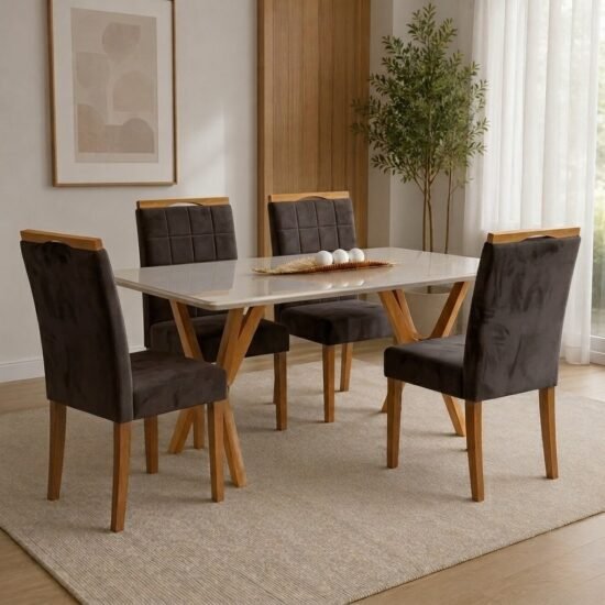 Mesa Essência 120 (C/Vidro) Cinamomo/Off White com 4 Cadeiras Las Vegas Veludo Marrom 17 – JCM MOVELARIA + OURO DECOR