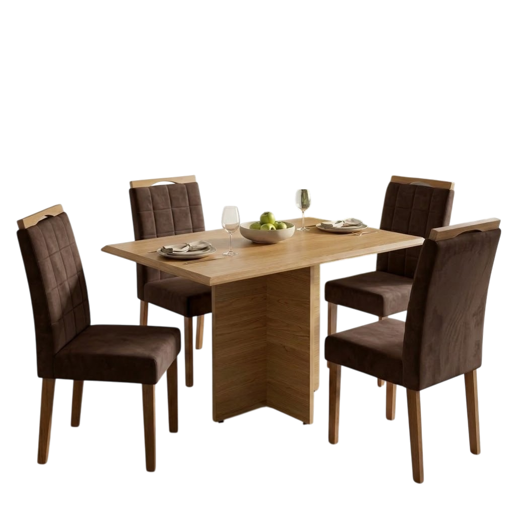 Mesa Pérola 120 Imbuia Mel (Tampo Viena s/vidro) com 4 Cadeiras Las Vegas Veludo Marrom 17 – CARVALHO DECOR + OURO DECOR - Imagem 2