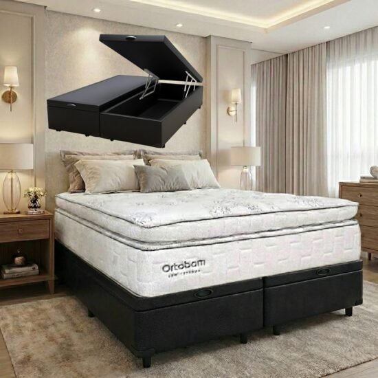 Colchão Queen New Freedom 32 cm D33 Molas Ensacadas + Base Baú Corino Preto – ORTOBOM + BIOSTAR