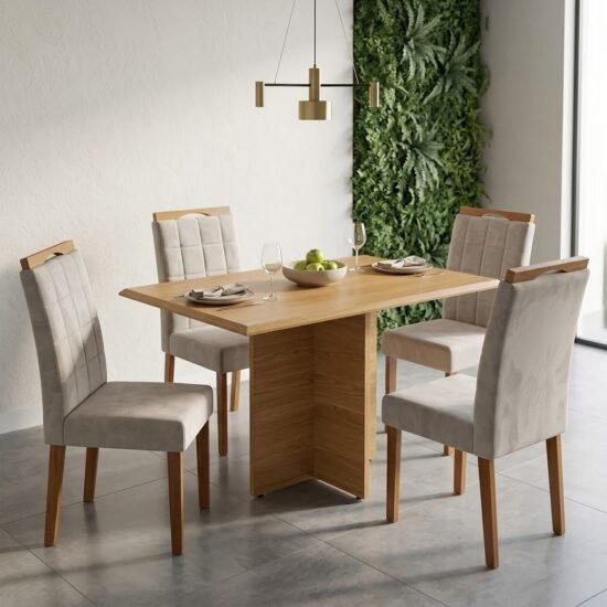 Mesa Pérola 120 Imbuia Mel (Tampo Viena s/vidro) com 4 Cadeiras Las Vegas Veludo Bege 01 – CARVALHO DECOR + OURO DECOR