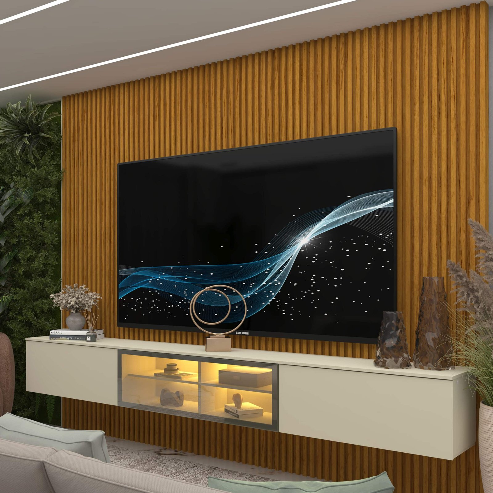 Home Suspenso até 85" Supremo Ripado 218 Naturale com Nicho Luminare Off White - GELIUS