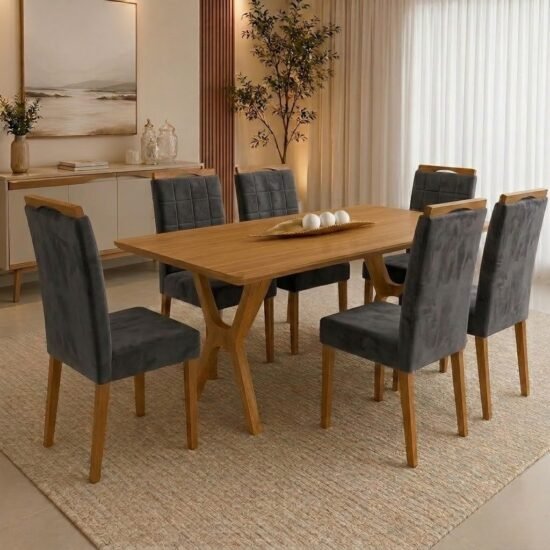 Mesa Essência 180 (S/Vidro) Cinamomo com 6 Cadeiras Las Vegas Veludo Cinza Grafite 10  – JCM MOVELARIA + OURO DECOR