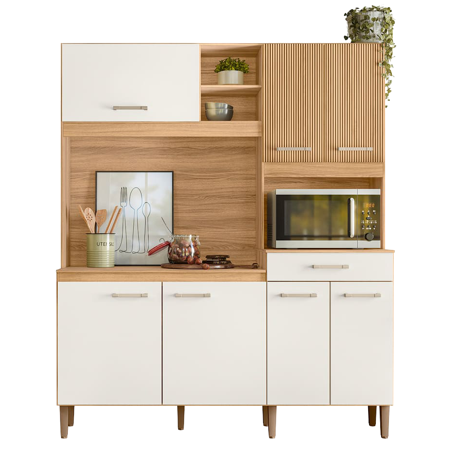 Kit Cozinha Yara 1,60 m Freijo/Off White Cristal/Ripado - NICIOLI - Imagem 3