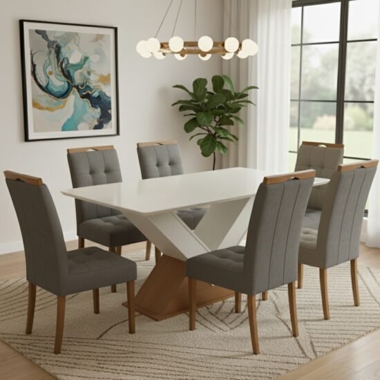 Mesa Amora BA35 160 Canela/Off White com 6 Cadeiras Sophia Veludo Cinza Grafite – KAPPESBERG + WM DECOR