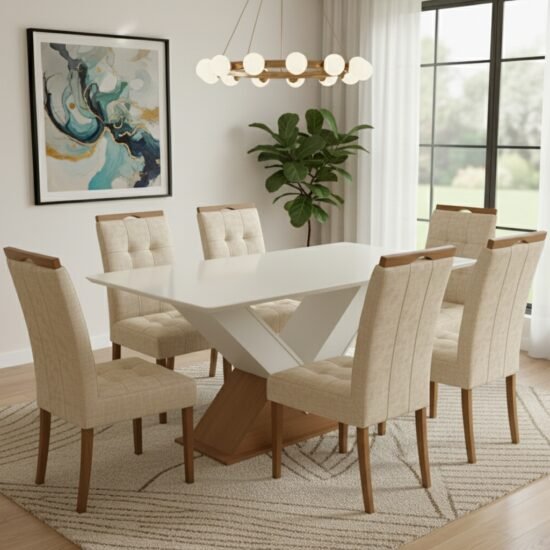 Mesa Amora BA35 160 Canela/Off White com 6 Cadeiras Sophia Linho Bege 200 – KAPPESBERG + WM DECOR