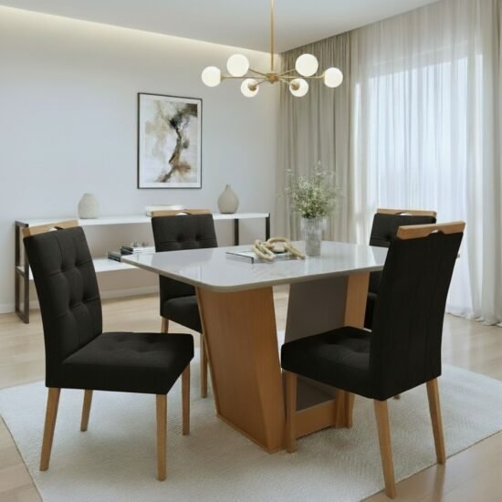 Mesa Apogeu (Tampo Maxi) 120 Amêndoa Clean/Off White com 4 Cadeiras Sophia Veludo Preto – LOPAS + WM DECOR