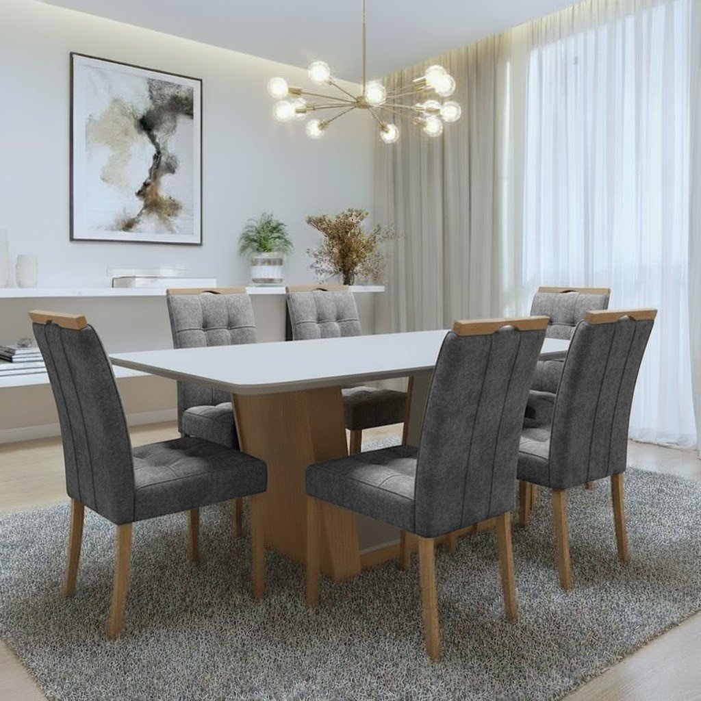 Mesa Apogeu (Tampo Maxi) 170 Amêndoa Clean/Off White com 6 Cadeiras Sophia Veludo Cinza Grafite – LOPAS + WM DECOR