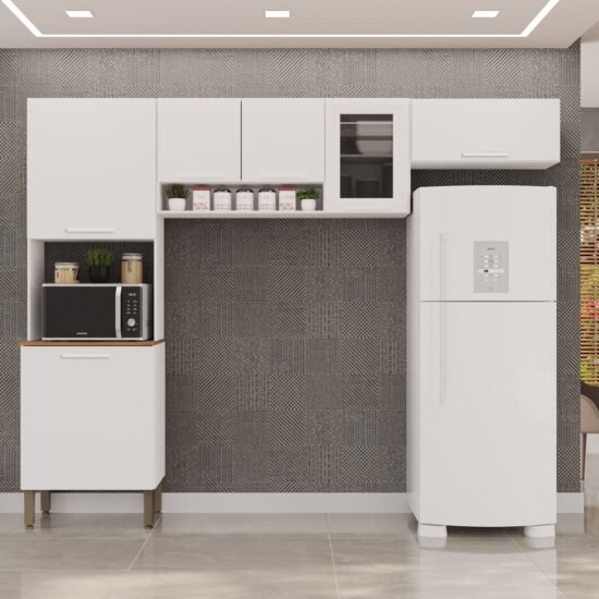 Cozinha 3 Peças (S/Balcão) New Valência (Vidro Fumê) Branco - SALLÊTO