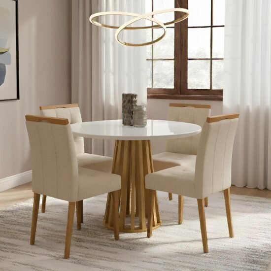 Mesa Redonda Berlim 100 Cinamomo/Off White com 4 Cadeiras Sophia Veludo Linho Bege 200 – CEL MÓVEIS + WM DECOR