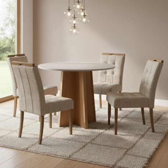 Mesa Redonda Celebrare 100 Amêndoa Clean/Off White com 4 Cadeiras Sophia Linho Bege 200 – LOPAS + WM DECOR