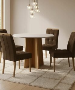 Mesa Redonda Celebrare 100 Amêndoa Clean/Off White com 4 Cadeiras Sophia Veludo Marrom – LOPAS + WM DECOR