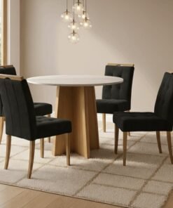 Mesa Redonda Celebrare 100 Amêndoa Clean/Off White com 4 Cadeiras Sophia Veludo Preto – LOPAS + WM DECOR